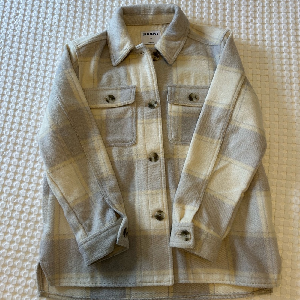 Old Navy Cream and Gray Plaid Shirt Jacket